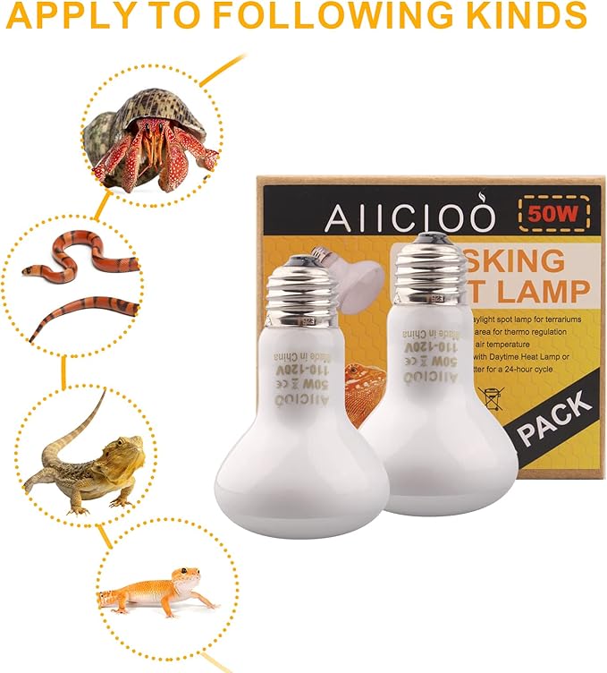 Aiicioo Reptile Basking Light Bulb - 50W Reptile Heat Lamp 2 Pack UVA Daylight Amphibians Basking Bulb for Bearded Dragon Turtle Hermit Crab Gecko Lizard Daylight