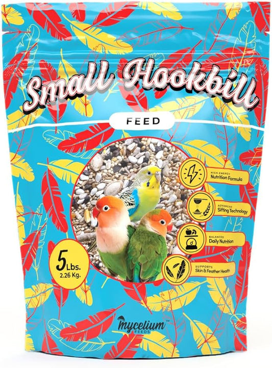 Mycelium Small Hookbill Feed (5 LBS) | Organic, Non‑GMO Bird Food for Cockatiels, Conures & Lovebirds | Filler‑Free with Hulled Seeds | Daily Energy, Skin & Feather Support | Made in USA