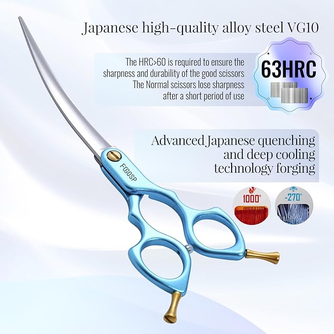 Professional Curved Dog Grooming Scissors with Sharper Self Grinding lightweight and finely trimmed split structure 6.5'' Japan VG10 63HRC for small dogs cat pet(Blue)