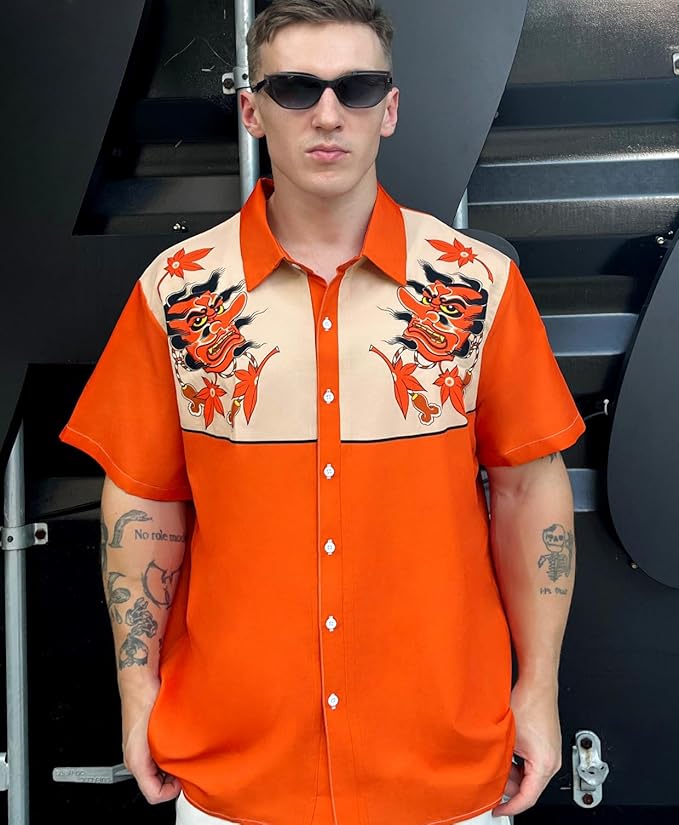 Men’s Hawaiian Shirt Western Cowboy Symmetrical Print Short Sleeve Button Down Casual Beach Holiday Summer Shirt