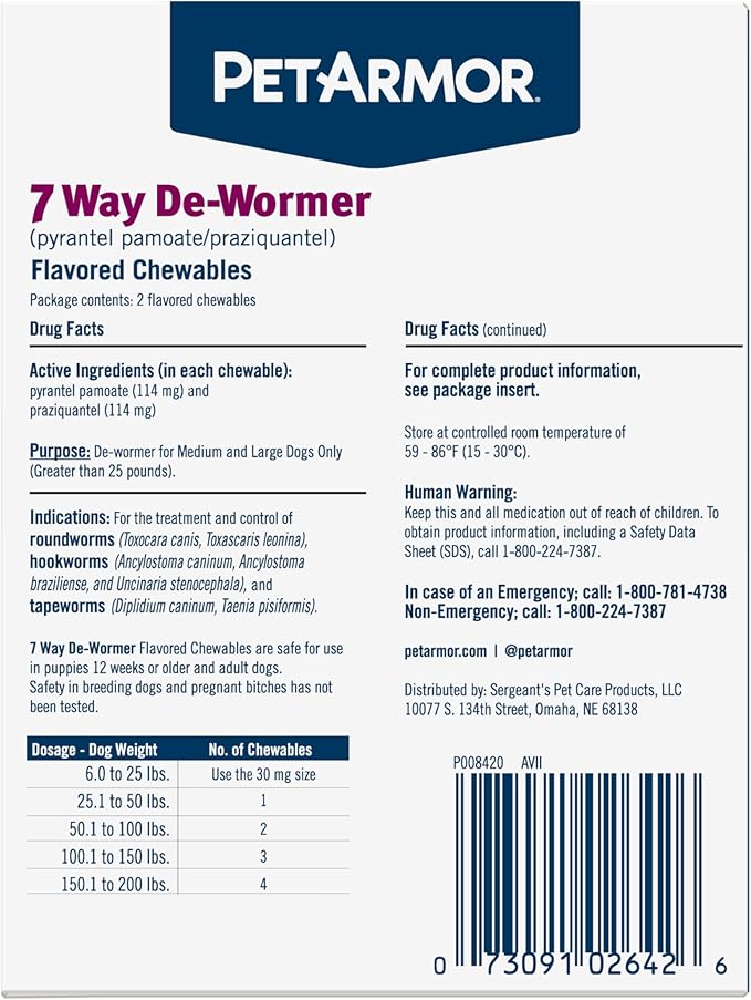 PetArmor 7 Way De-Wormer for Dogs, Oral Treatment for Tapeworm, Roundworm & Hookworm in Large Dogs & Puppies (Over 25 lbs), Worm Remover (Praziquantel & Pyrantel Pamoate), 2 Flavored Chewables