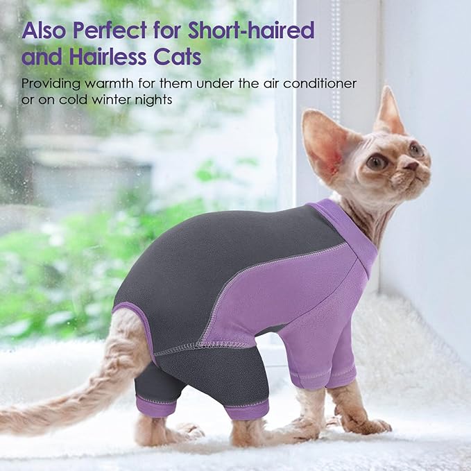 SUNFURA Hair Sticky Cat Clothes, Cat Sweater for Cats Only, 4-Legged Fleece Sweaters Kitten Pajamas Reduce Shedding Fur, Warm Pullover Shirts for Cats, Purple M