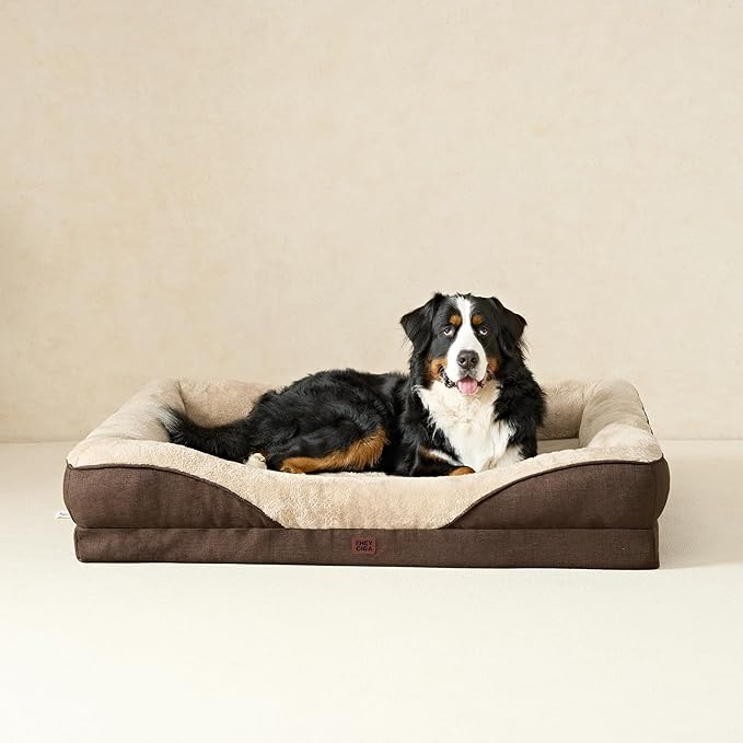 EHEYCIGA Memory Foam XXL Dog Bed for XLarge Sized, Extra Large Orthopedic Dog Sofa with Sides and Waterproof Liner, Washable Bolster Pet Couch with Removable Cover, 52x41x8 Inch, Brown