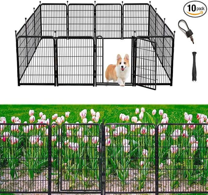 Tall Garden Fence, 52in(H) 10 Panels Total 22.1 Ft(L), Garden Fences and Borders for Dogs, Gate 21 inches Wide with Low Sills. Garden Animal Barrier, Flower Bed Fencing, Black Fencing for Dogs