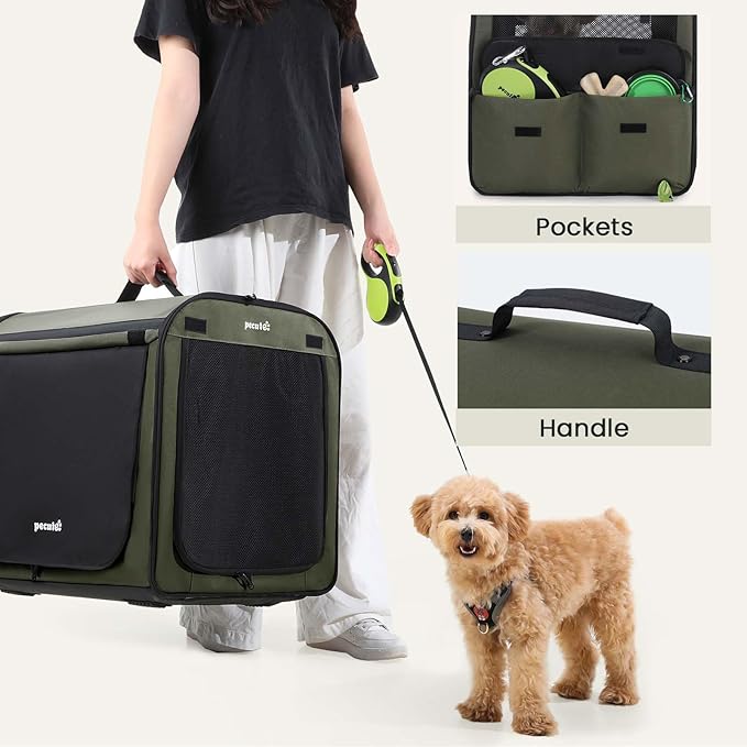 Dog Car Carrier Light Weight, Dog Carrier for Car Easy to Assemble, Dog Car Crate Portable and Breathable, Foldable Pet Carrier for Both Indoor and Outdoor Use, Dog Travel Crate with Curtain Green