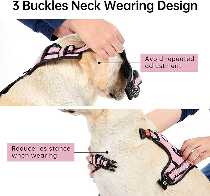 IVY&LANE No Pull Dog Harness for Large Dogs, Reflective Dog Vest Harness with Leash, Safety Belt and Storage Strap, Fully Adjustable Harness with Soft Handle (Pink, L)