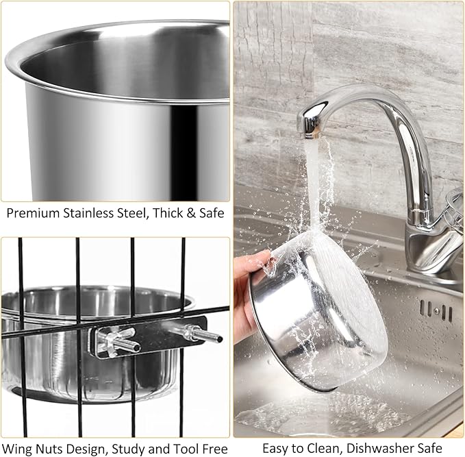 Dog Crate Water Bowl, 3 pcs Stainless Steel Dog Bowls, Durable Anti-Spill Pet Metal Bowl for Cage Kennel Crate, Hanging Water/Food Bowl for Medium & Large Dogs (7.1x3.5'' & 6.3x2.6'' & 5.5x3.1'')
