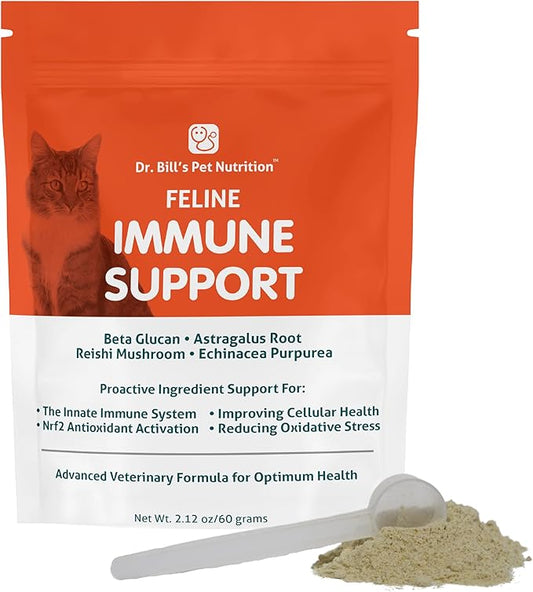 Dr. Bill’s Feline Immune Support | Boosts Cat Immunity and Health with Colostrum, Beta Glucan, Turkey Tail Mushroom, Zinc & Vitamin C | Powder Supplement for Cats of All Ages