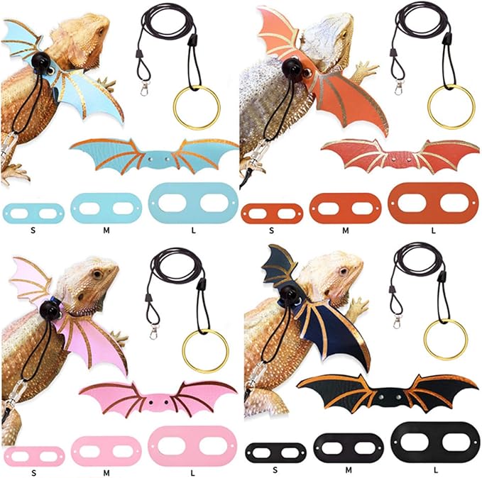 Adjustable Lizard Harness and Leash Set with Wings 3 Pack S M L Soft Leather Reptile Costume Accessories for Bearded Dragon Chameleon Guinea Pig Small Animals Pink