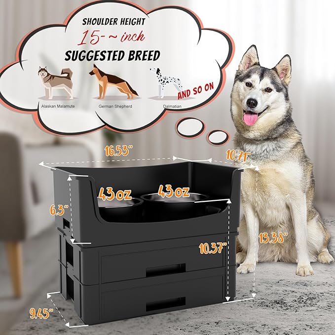 Mess Proof Pet Bowls, No Mess Dog Food and Water Bowl, Pet Feeding Station with 2 Stainless Steel, Spill-Proof Pet Feeder for Medium and Large Dog, Black