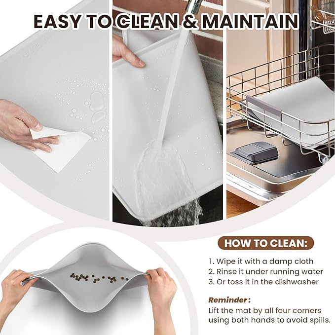 VIVAGLORY Dog Food Mat Flexmat Dog Bowl Mat, Placemat Food Tray with Raised Edges & Lip for Indoor Floor, Non Slip Waterproof Silicone Dish Placemat for Cat & Pet, S, Black