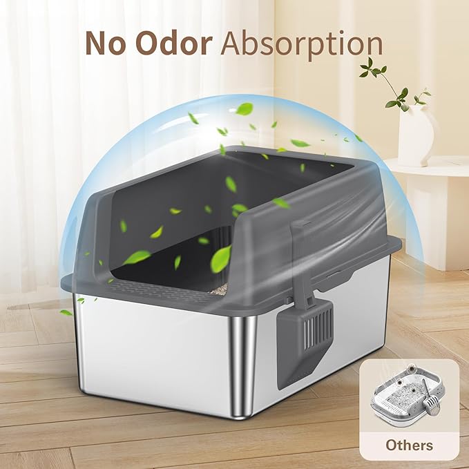 Zarler Stainless Steel Litter Box with Lid, 8” Deep Extra Large Cat Litter Boxes, XL Metal Litter Box for Big Cats with High Sided, Light Grey (Non-Sticky, Easy to Clean, Anti-Urine Leakage)