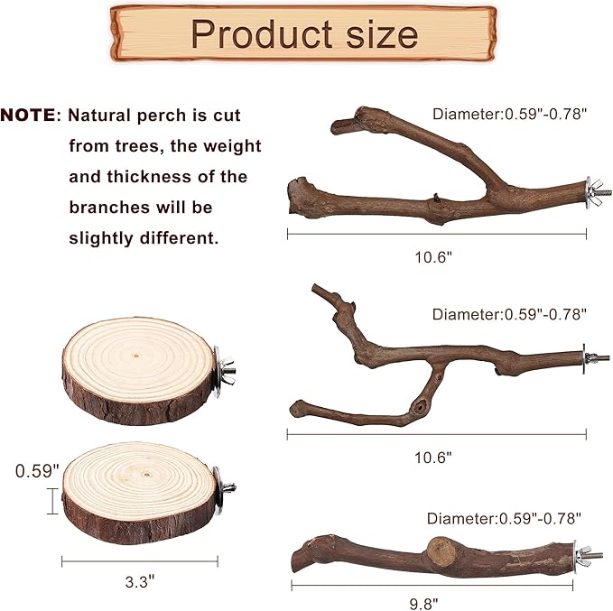 Mogoko 5PCS Bird Perch Natural Wood Grape Stick Stand, 3 Grape Stick Paw Grinding Fork Parakeet Chewing Stick 2 Parrot Stand Branch, Chewing Exercise Branches Bird Cage Accessories