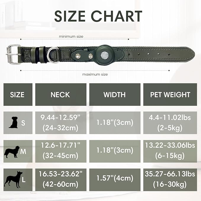 AirTag Dog Collar Soft Leather Webbing Dog Collar for AirTag Provides Double Protection for Small Medium and Large Dogs(Blue,M)