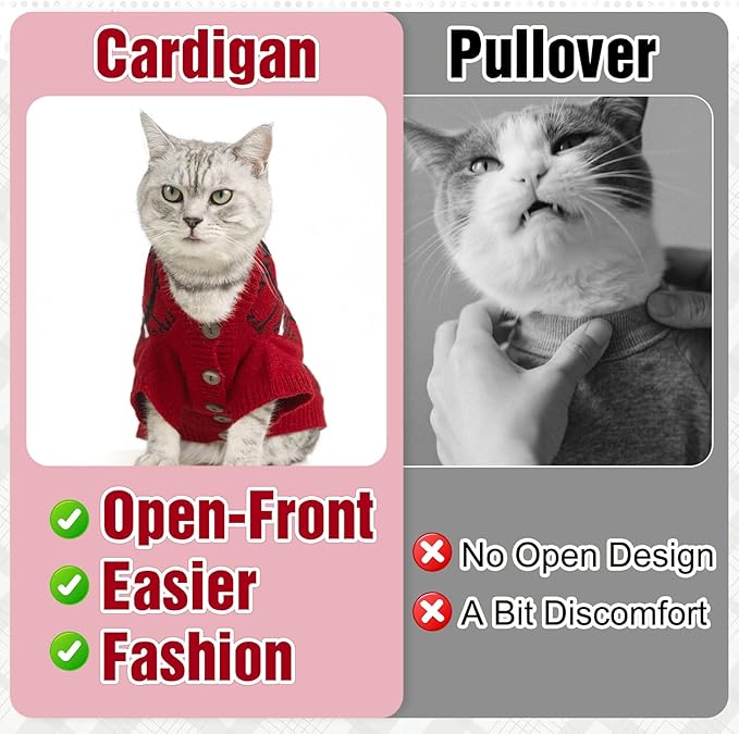 EXPAWLORER Cat Sweater Cardigan - Stylish Knit Cat Clothes, Plaid British Style Soft Puppy Sweater with Sleeve, Warm Pet Clothing Knitwear, Fall Winter Kitten Coat for Girl Boy Cats, Red S