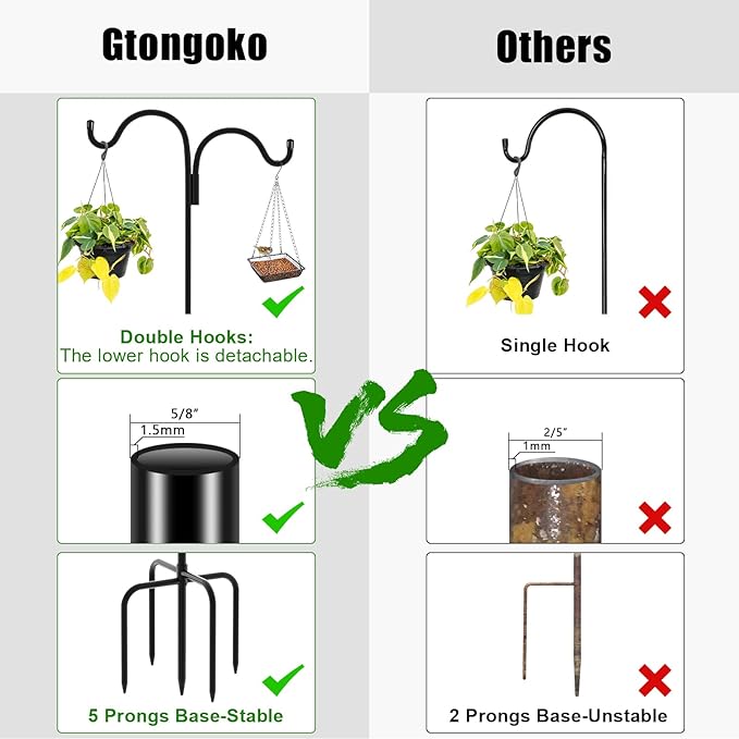 Gtongoko Double Shepherds Hook for Outdoor, 60 Inch Bird Feeder Pole with 5 Prongs Base, 5/8 Inch Thick Heavy Duty Adjustable Garden Hook for Hanging Plant, Lantern, Hummingbird Feeder, 1 Pack