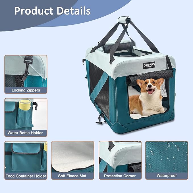 JESPET Soft Dog Crates Kennel for Pets, 3 Door Soft Sided Folding Travel Pet Carrier with Straps and Fleece Mat for Dogs, Cats, Shale Green, 36'' (8-Teal Blue, Large(30" L x 21" W x 23" H))