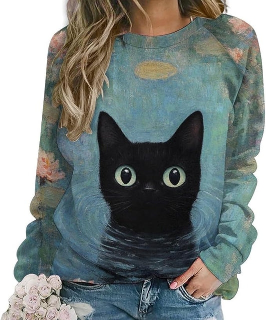 Long Sleeve Shirts for Women Cat Oil Painting Shirt 3D Graphic Sweatshirts Fall Pullover Crewneck Vintage Boho Tops