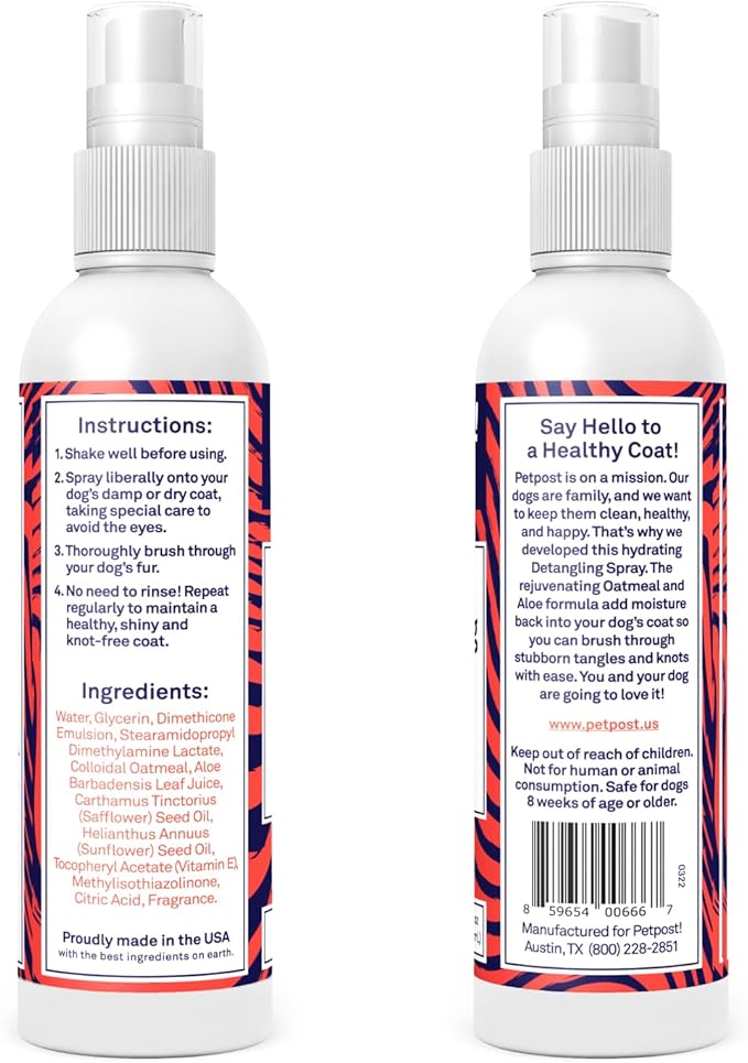 Petpost | Detangling Spray for Dogs with Knots, Mats & Tangles - Naturally Rejuvenating Dog Hair Detangler for Healthier, Shinier, Stronger Fur - Oatmeal, Aloe, and Vitamin E Formula 8 oz.