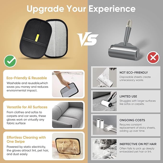 Pet Hair Removal Gloves for Cats & Dogs, 2pcs Reusable Electrostatic Pet Hair Remover Glove, Strong Adsorption Pet Hair Remover Tool to Quickly Clean Animal Hair for Clothes, Bedding, Sofa, Carpet