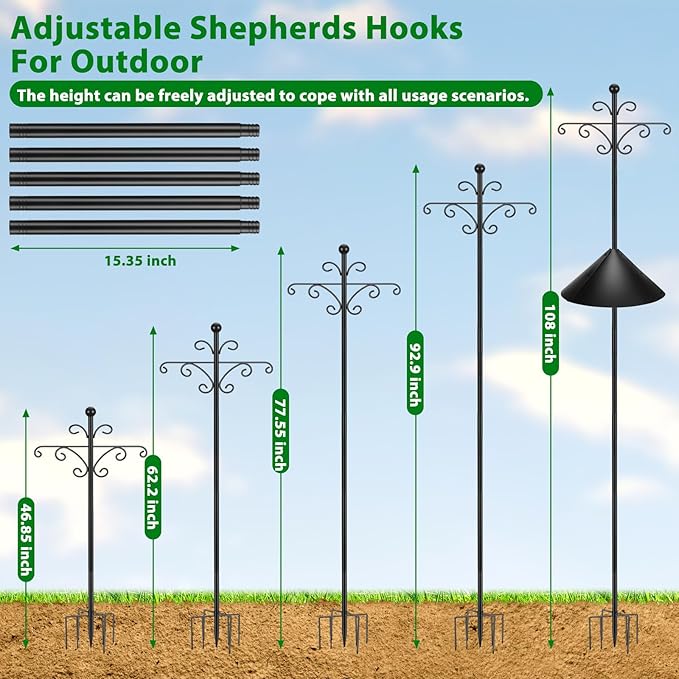 Bird Feeder Pole for Outdoors Heavy Duty Squirrel Proof, 2 Pack 108 Inch Adjustable Tall Shepherds Hooks for Outdoor with 7 Prongs Base, Double Shepherd Hooks (2 Pack Black, 108 Inch)