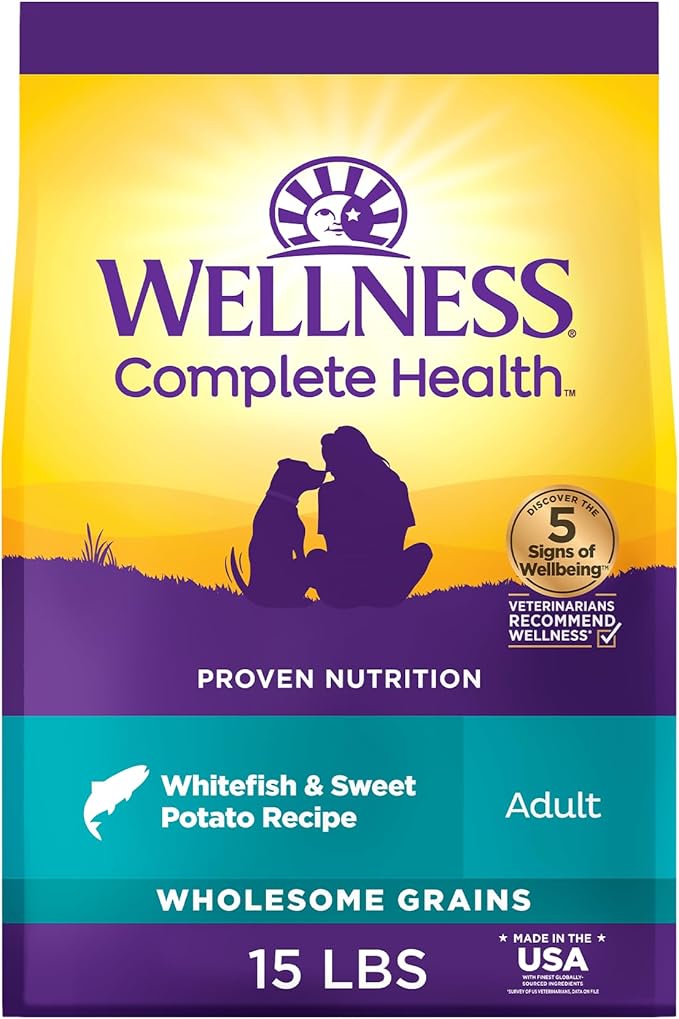 Wellness Complete Health Dry Dog Food with Grains, Natural Ingredients, Made in USA with Real Meat, All Breeds, For Adult Dogs (Whitefish & Sweet Potato, 15-Pound Bag)