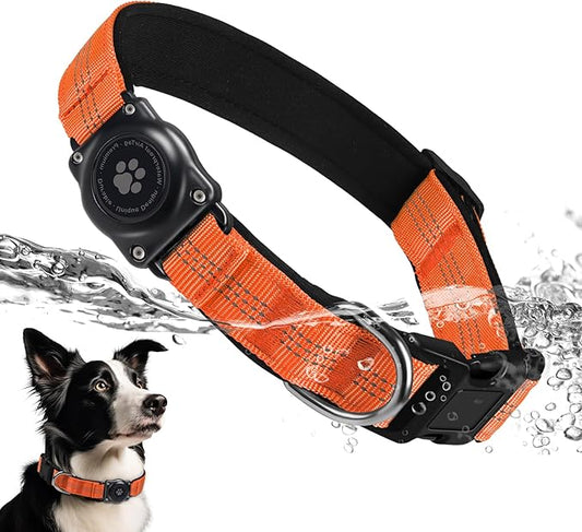 Upgraded AirTag Dog Collar, IP68 Waterproof Air Tag Dog Collar Holder, Reflective, Ultra-Durable, Comfortable Padded, Heavy Duty Dog Collars for Small Medium Large Dogs (L (14.8"-20.3"), Orange)