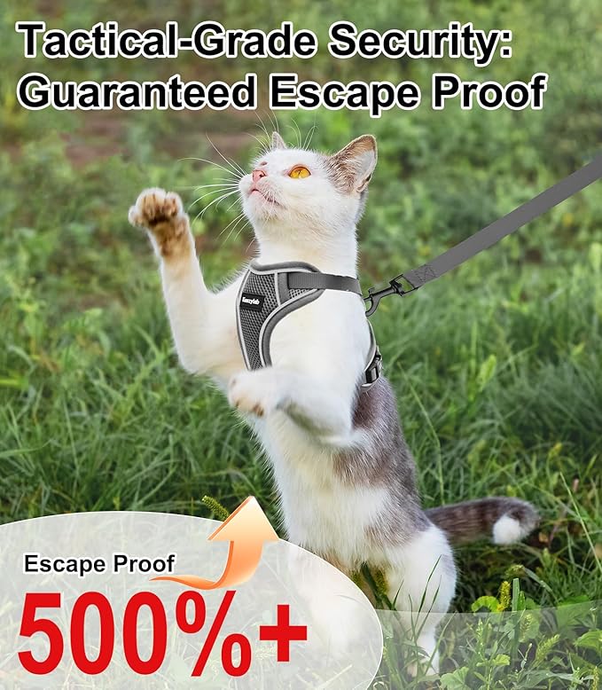 Cat Harness and Leash for Walking Escape Proof Soft Adjustable Cat Leash Breathable Comfortable Vest Easy to Wear Kitten Harness for Outdoor Travel Grey M