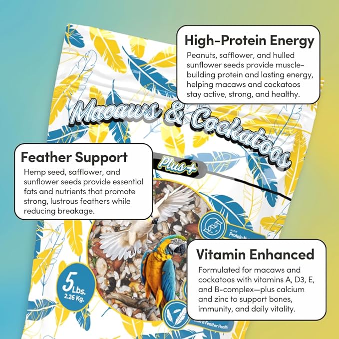 Mycelium Organic Macaw & Cockatoo Plus Bird Food (5 LBS) | High-Protein Bird Seed for Large Birds | Vitamin-Enriched Daily Nutrition | Skin & Feather Support | Non-GMO & USA Made
