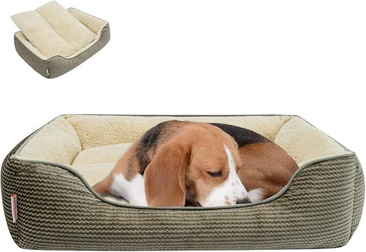 Miguel Dog Bed with Removable Cushion/Pillow for Medium Small Dogs, Washable Pet Bed with Side Easy to Wash Puppy Bed, Large Rectangle Cat Bed for Indoor Cat with Anti-Slip Bottom, Khaki 30 Inch