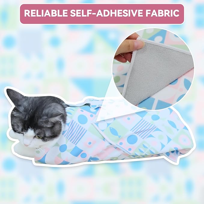 Cat Grooming Wrap for Cutting Nails, 31.5" Anti-Escape Calming Cat Swaddle Wrap for Medicine, Nail Clipping, Teeth Brushing, Ear Cleaning, Self-Adherent Burrito Restraint, (Geometric Fish, XL)