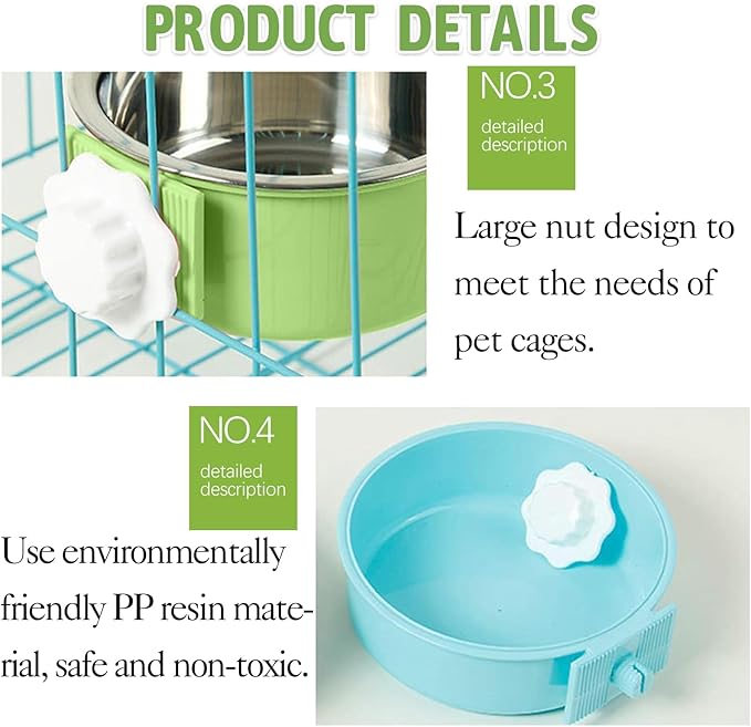 kathson Crate Dog Bowl 2pcs, Removable Stainless Steel Hanging Pet Kennel Cage Bowl Food & Water Feeder Coop Cup for Puppy, Cat, Rabbit,Guinea Pigs Large (Blue,Green)
