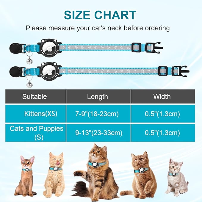 Airtag Cat Collar, Reflective Cat Collar with Apple Air Tag Holder, Breakaway GPS Tracker Pet Collar with Bell for Cat Kitten, Airtag Not Included, Blue, S(9-11 Inch)