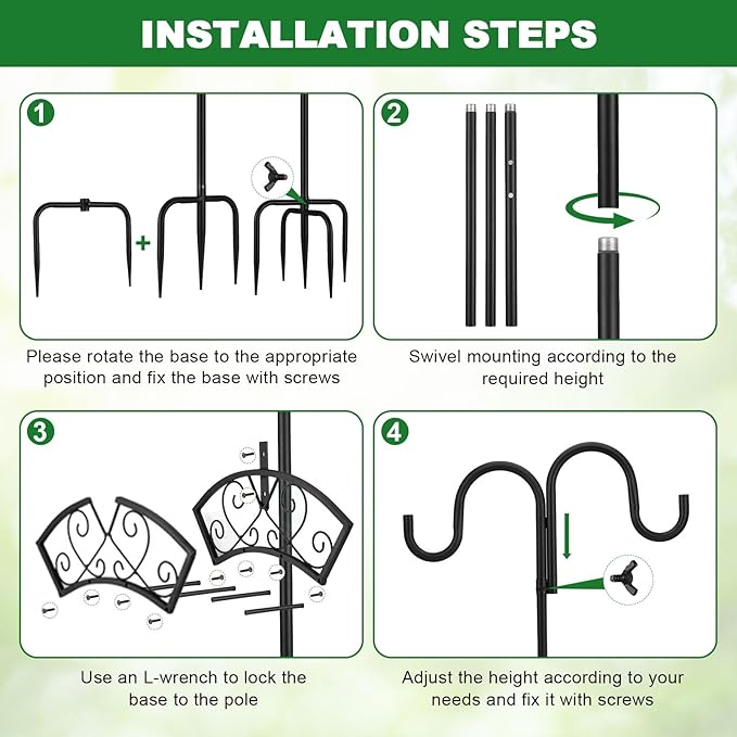 Double Shepherds Hooks for Outdoor, Upgraded Heavy Duty Bird Feeder Pole, Freestanding Hose Stand Adjustable Water Hose Holder with 5 Prongs Base, Thickened Garden Hooks for Outside Yard Lawn