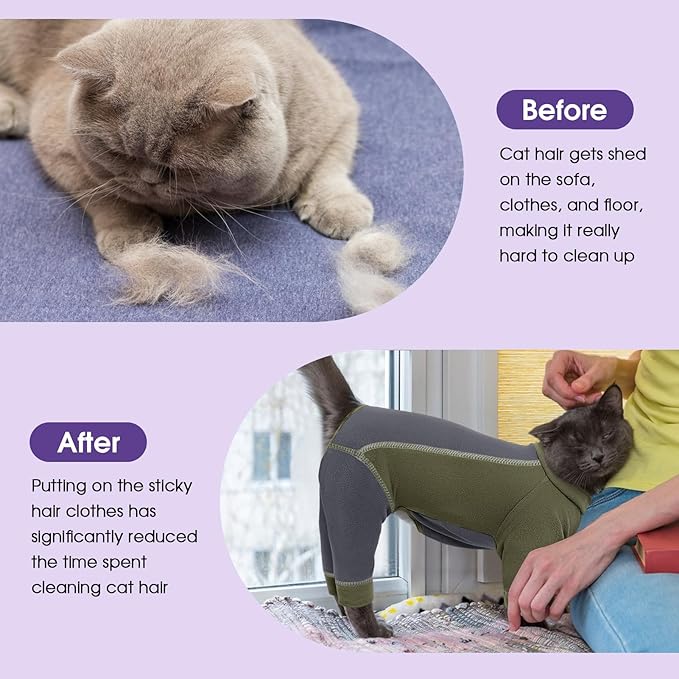 SUNFURA Hair Sticky Cat Clothes, Cat Sweater for Cats Only, 4-Legged Fleece Sweaters Kitten Pajamas Reduce Shedding Fur, Warm Pullover Shirts for Cats, Army Green XL