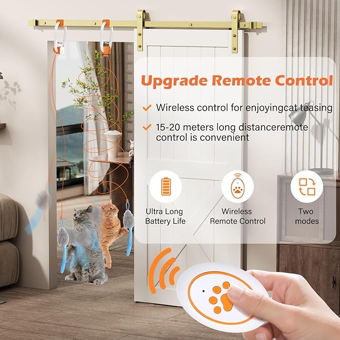 Rechargeable Electric Cat Teaser with Remote – Interactive Door Clip Toy for Cats, 2 Motion Modes (360° Spin & Irregular Jumping), Smart Auto Cat Toy for Exercise & Fun (Orange)