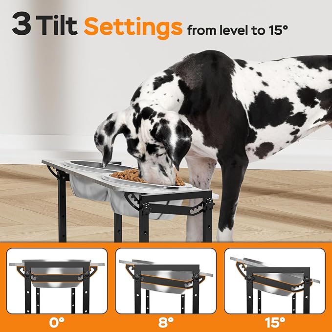 Elevated Dog Bowls for Extra Large Dogs, 4 Height Adjustable Tilted Raised Dog Bowl Stand with 2 Stainless Steel 3L Bowls, 16.1" Tall Dog Feeder for Giant Breed
