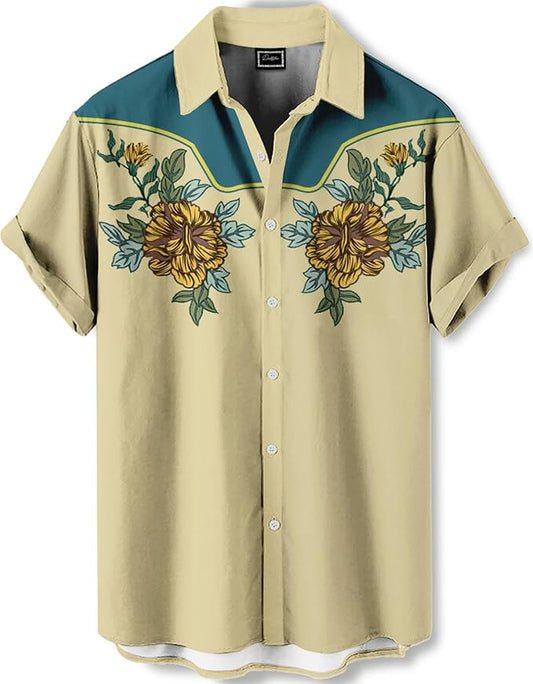 Men’s Hawaiian Shirt Western Cowboy Symmetrical Print Short Sleeve Button Down Casual Beach Holiday Summer Shirt