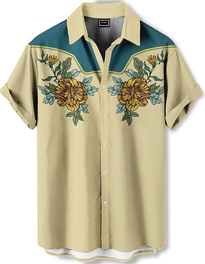 Men’s Hawaiian Shirt Western Cowboy Symmetrical Print Short Sleeve Button Down Casual Beach Holiday Summer Shirt