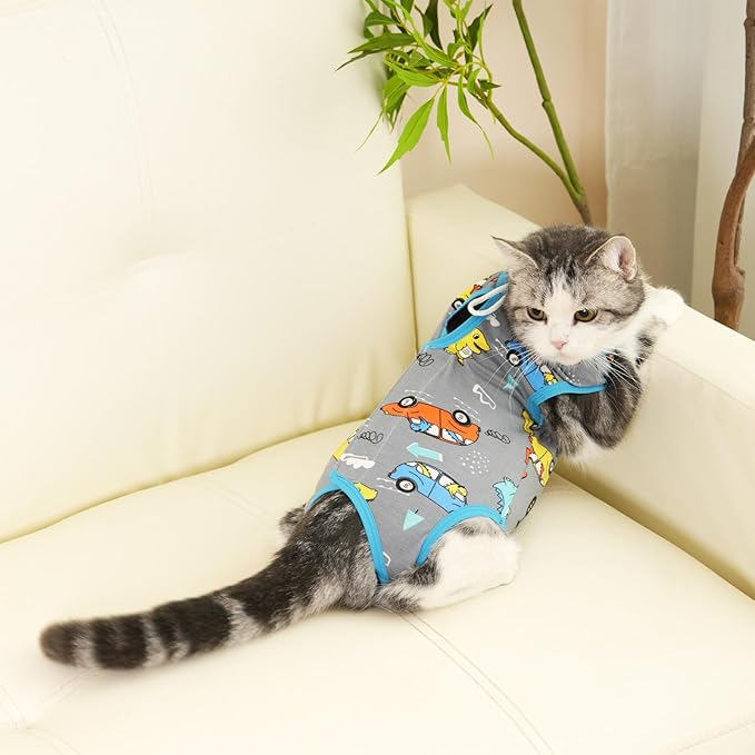 Cat Surgery Recovery Suit Professional for Surgical Abdominal Wound Or Skin Diseases E-Collar Alternative for Cats After Surgery Wear Pajama Suit (Gray, Large)