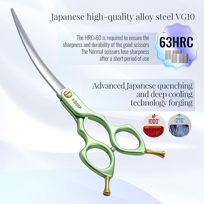 Professional Curved Dog Grooming Scissors with Sharper Self Grinding lightweight and finely trimmed split structure 6.5'' Japan VG10 63HRC for small dogs cat pet(Green)