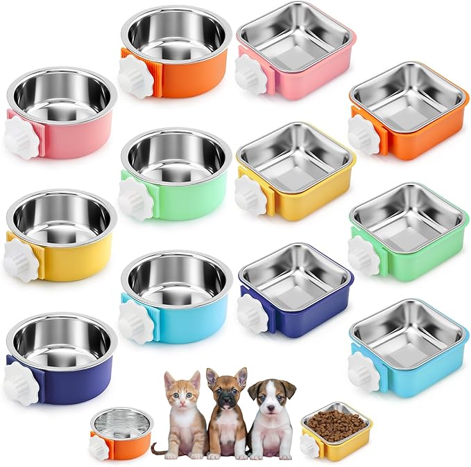 LemonRoad 12 Pcs Crate Dog Bowls Set Removable Stainless Steel Kennel Pet Hanging Food Water Feeder Bowl Cage Coop Cup for Puppy Medium Dog Cat Rabbit Ferret Bird