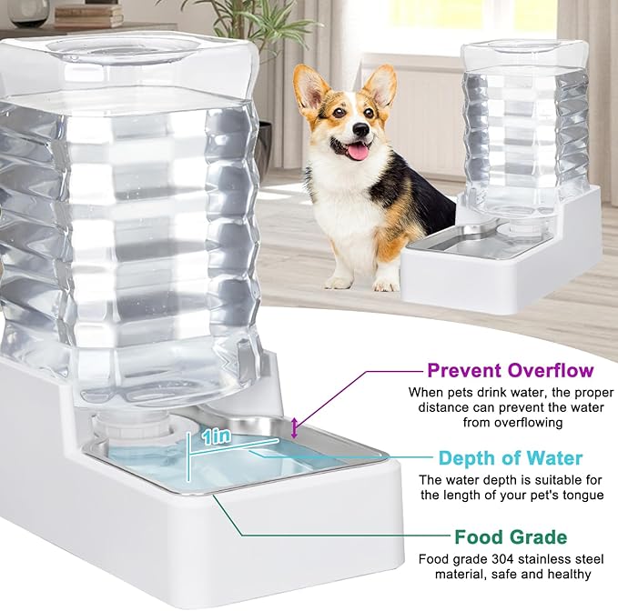 Sfozstra Dog Water Bowl Dispenser: 8L Lagre Automatic Gravity White Upgraded Pet Water Dispenser - Stainless Steel Bowl - BPA-Free - Two Caps and Filters for Multiple Pets