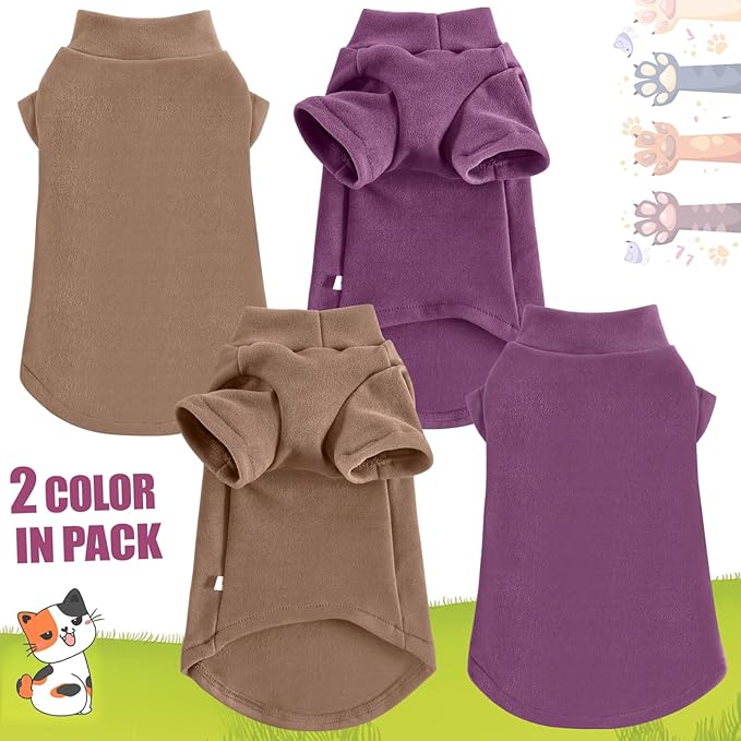 Idepet Sphynx Cats Sweater 2 Pack,Turtleneck Hairless Cat Shirt Soft and Warm Kitten Clothes with Sleeves Pullover Pet Winter Pajamas Jumpsuit for Cat Puppy (Purple&Brown, Large)