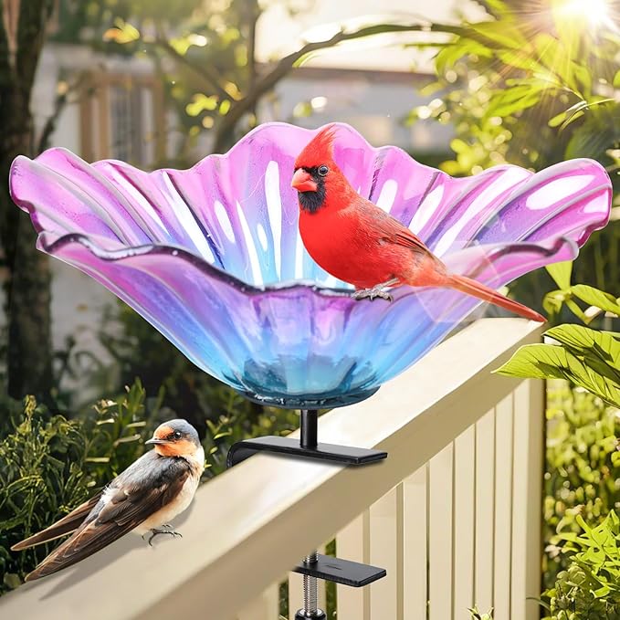 MUMTOP Deck Mounted Bird Baths for Outdoors, Glass Bird Baths Bowl with Adjustable Sturdy Steel Fence Clamp for Garden Patio Lawn Yard Deck Balcony Railing, Purple