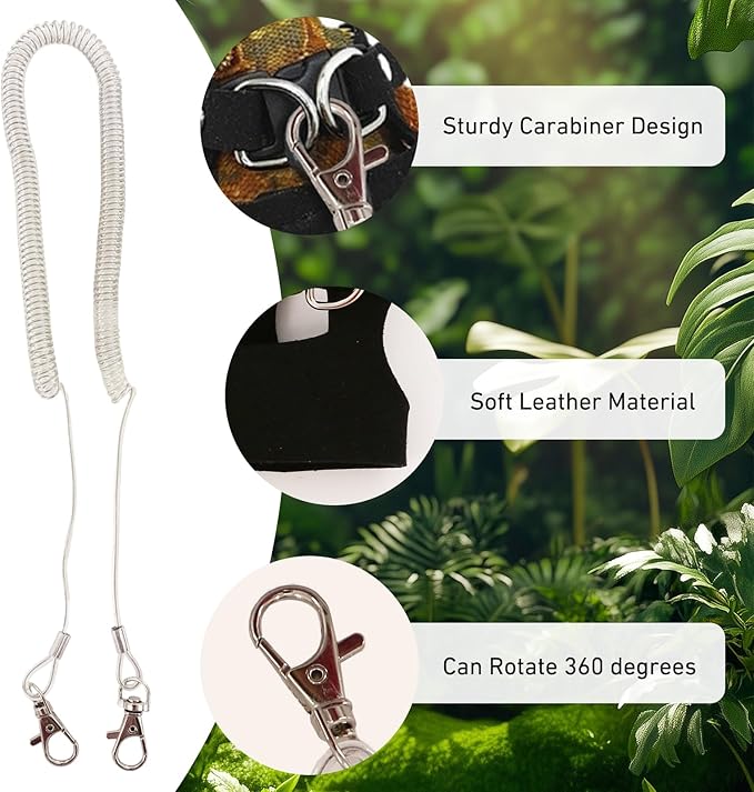 Bearded Dragon Leash and Harness Set, 3 Size Adjustable Soft Leather Lizard Leash Training Walking Prevent Escape, Spring Can be Stretched to 3m, for Iguana Squirrels Small Reptiles Outdoors (Black)