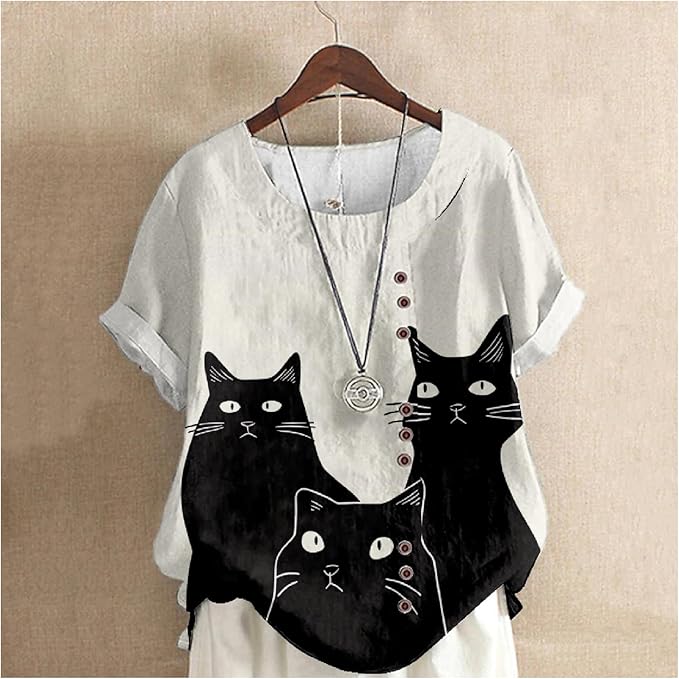 Japanese Print Women Summer Shirts Flower Bird Graphic Plus Size Tunic Tops Crewneck Short Sleeve Blouses