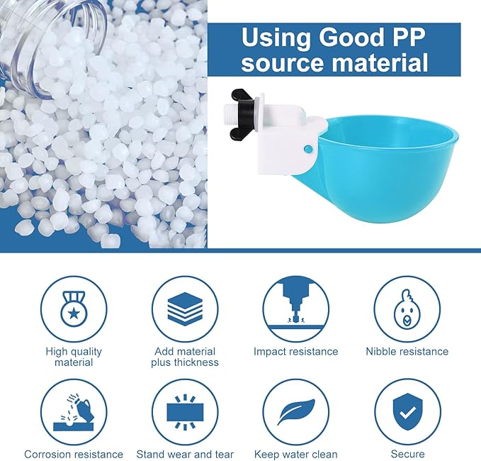 Chicken Waterer Cups (8 Pack/Light Blue) - DIY Automatic Large Chicken Water Feeder for Ducks,Chicks, Turkeys, Quail, Bunny, Bird and Other Various Poultry Dispenser with Matching Drill