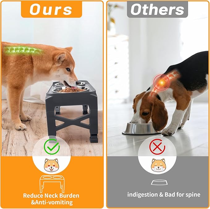 Hubulk Elevated Dog Bowls with 2 Stainless Steel Food & Water Raised Bowls with No Spill Edge Non-Slip Stand Adjusts to 5 Heights(3.2", 8.77", 9.9",11.1", 12.3")for Small Medium Large Dog and Pet Grey