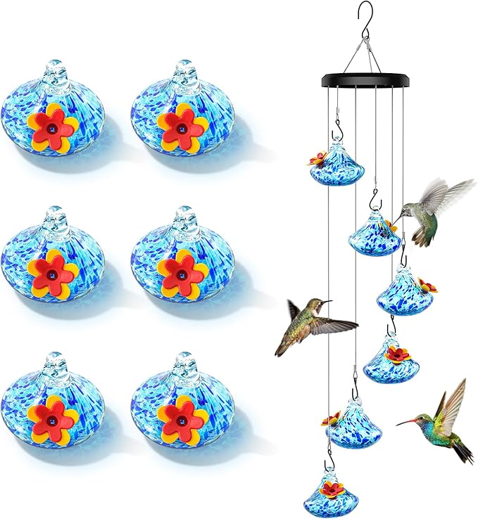 Wind Chime Glass Hummingbird Feeder - 20 Oz Outdoor Hanging Feeder with 6 Ports, Attract More Hummingbirds, Leak-Proof Design, Unique Garden Backyard Decor & Ideal Gift (Blue)